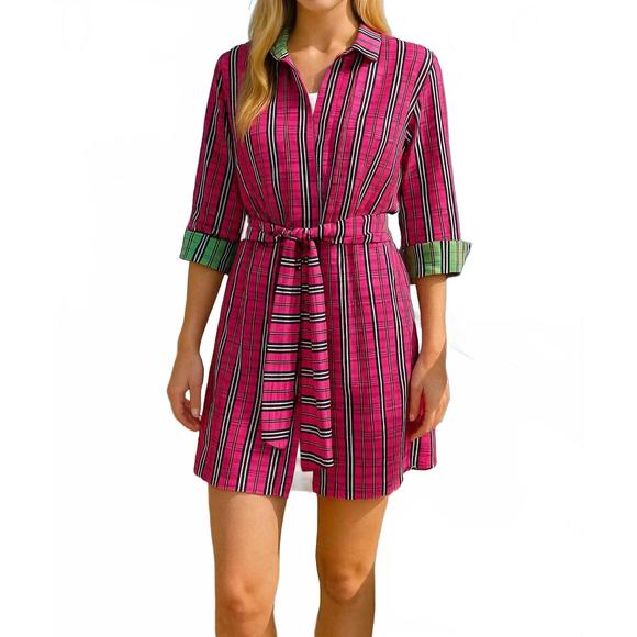 NEW GRETCHEN SCOTT breezy blouson dress in sunshine plaid pink